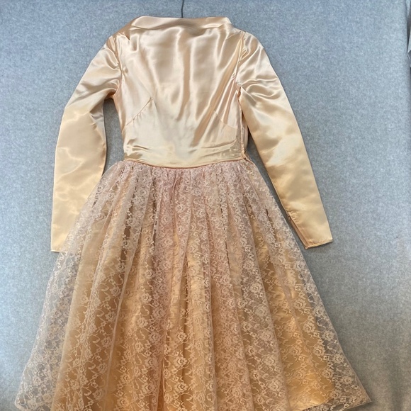 Handmade Dresses & Skirts - Vintage 30" Bust Peach & Pink Satin Lace Overlay Dress Fit & Flare • Handmade